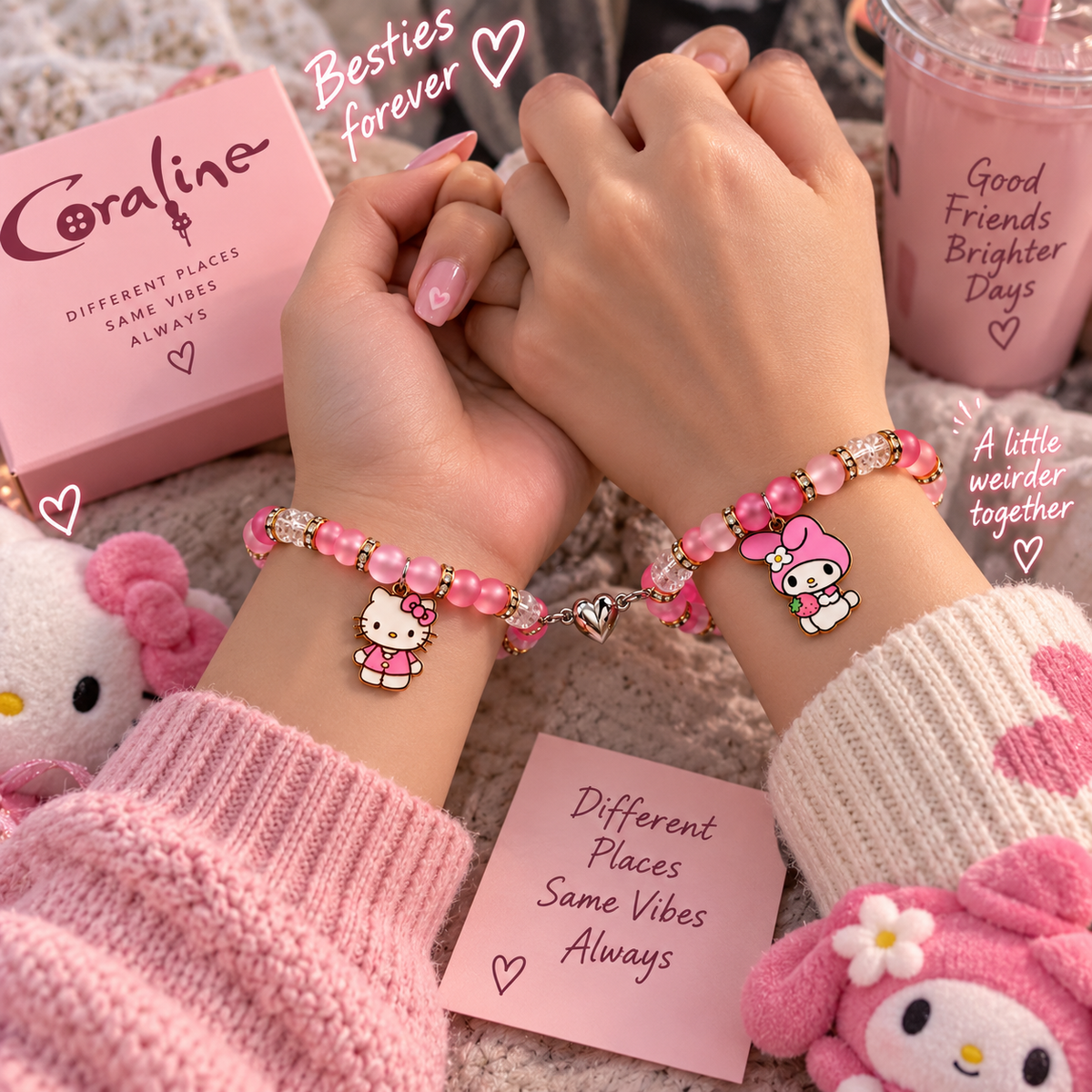 Two friends linking wrists in pink My Melody and Hello Kitty bracelets - Beads by Nia