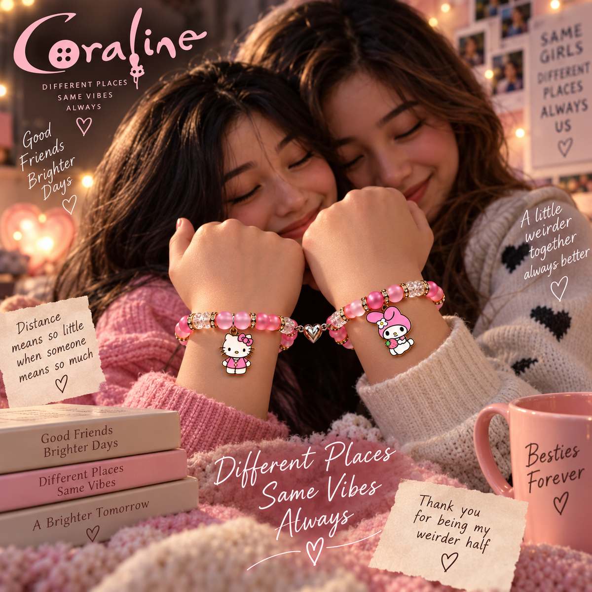 Friends hugging while wearing My Melody and Hello Kitty matching bracelets - Beads by Nia