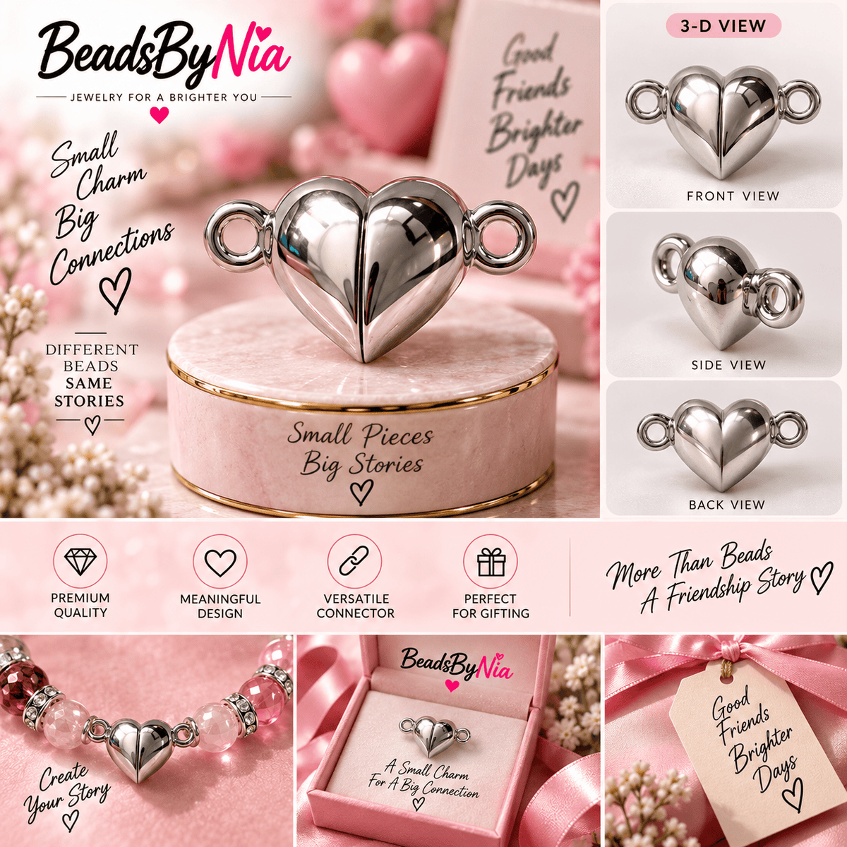 Silver heart magnet clasp that joins two matching bracelets together - Beads by Nia
