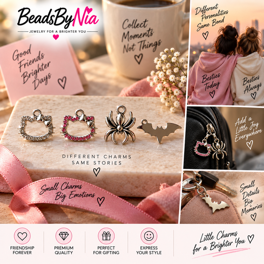 Hello Kitty, spider and bat charms shown close up with pink gift packaging - Beads by Nia