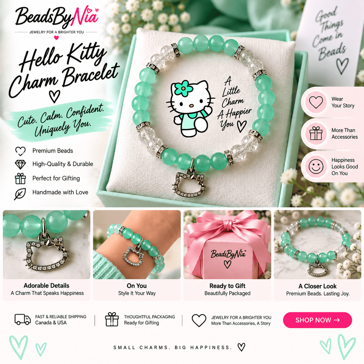 Mint green summer Hello Kitty bracelet with a silver kitty charm - Beads by Nia