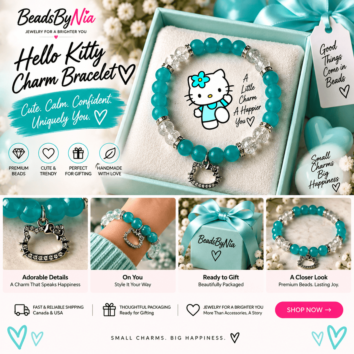 Teal summer Hello Kitty bracelet with a silver kitty charm - Beads by Nia