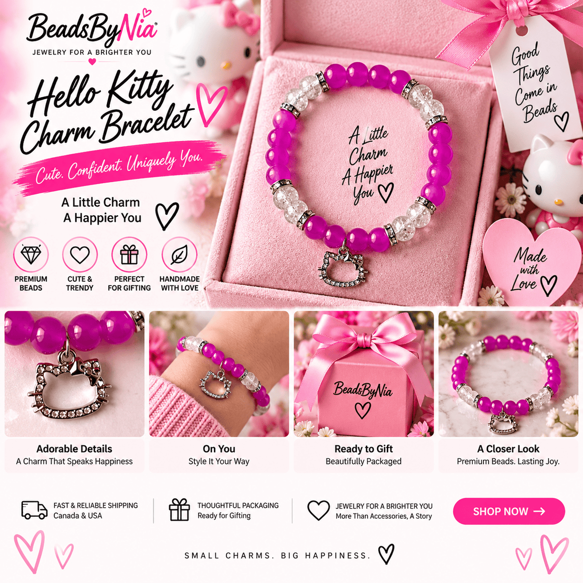 Purple summer Hello Kitty bracelet with a silver kitty charm - Beads by Nia