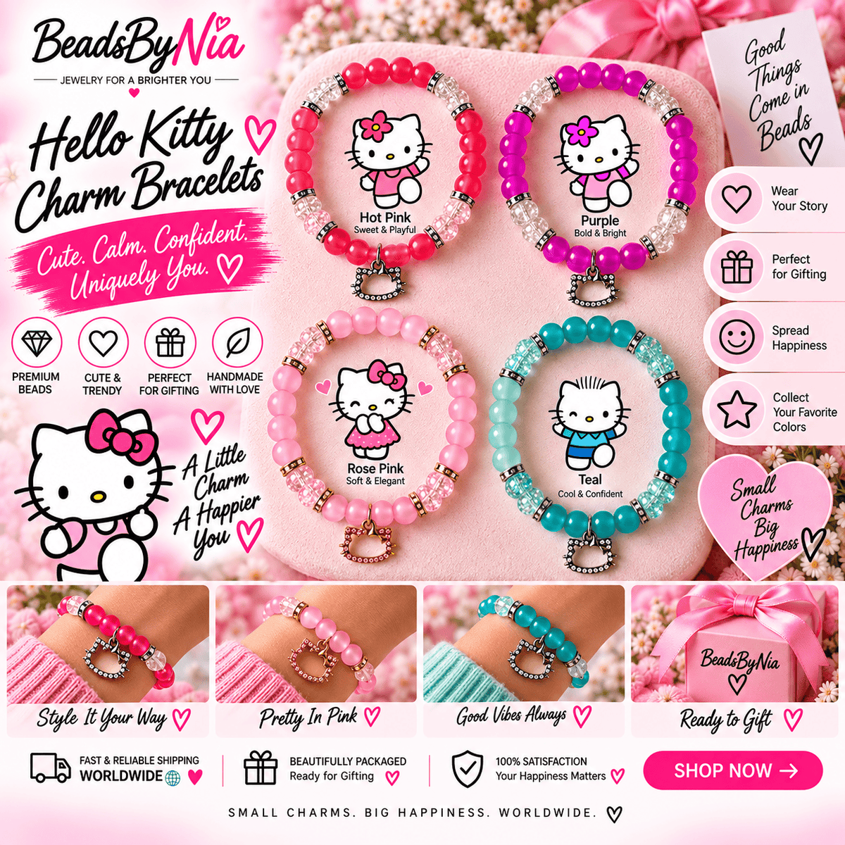 Hello Kitty charm bracelets in pink, teal and red with kitty charms - Beads by Nia