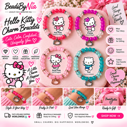 Hello Kitty charm bracelets in pink, teal and red with kitty charms - Beads by Nia