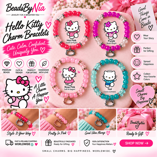 Hello Kitty charm bracelets in pink, teal and red with kitty charms - Beads by Nia