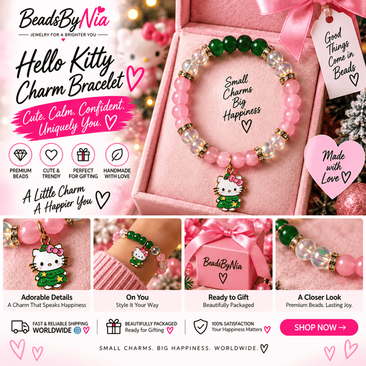 Pink Hello Kitty Christmas bracelet with a festive kitty charm - Beads by Nia