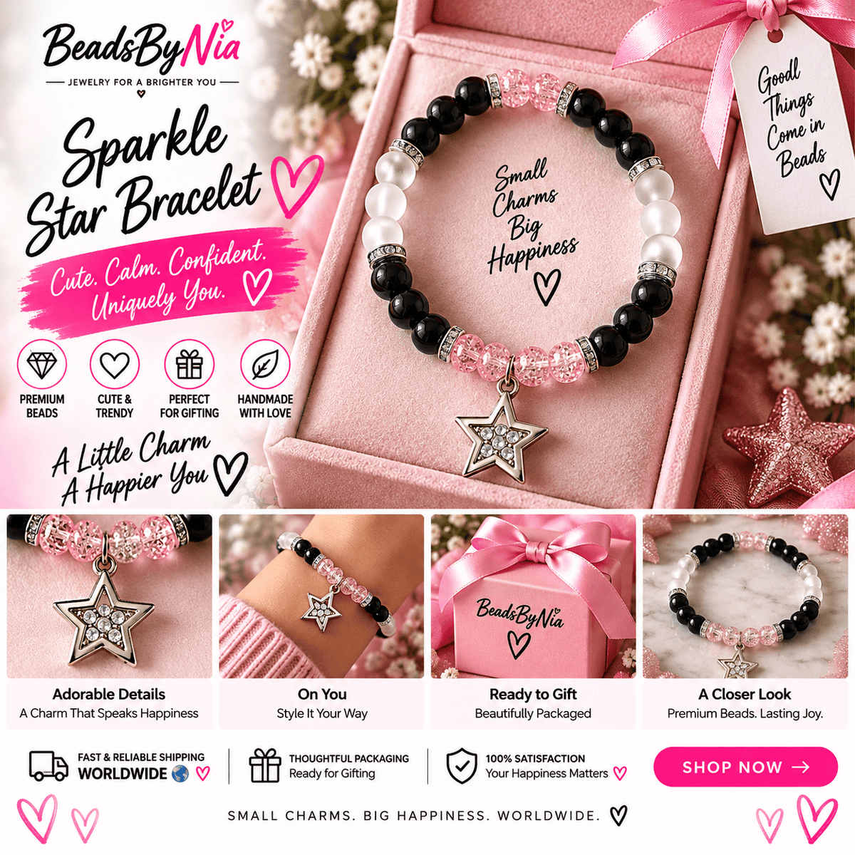 Faiyaz star bracelet in black and pink beads with a silver star charm - Beads by Nia