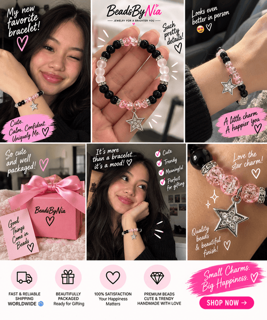 Model wearing the Faiyaz beaded star bracelet in a styled collage - Beads by Nia