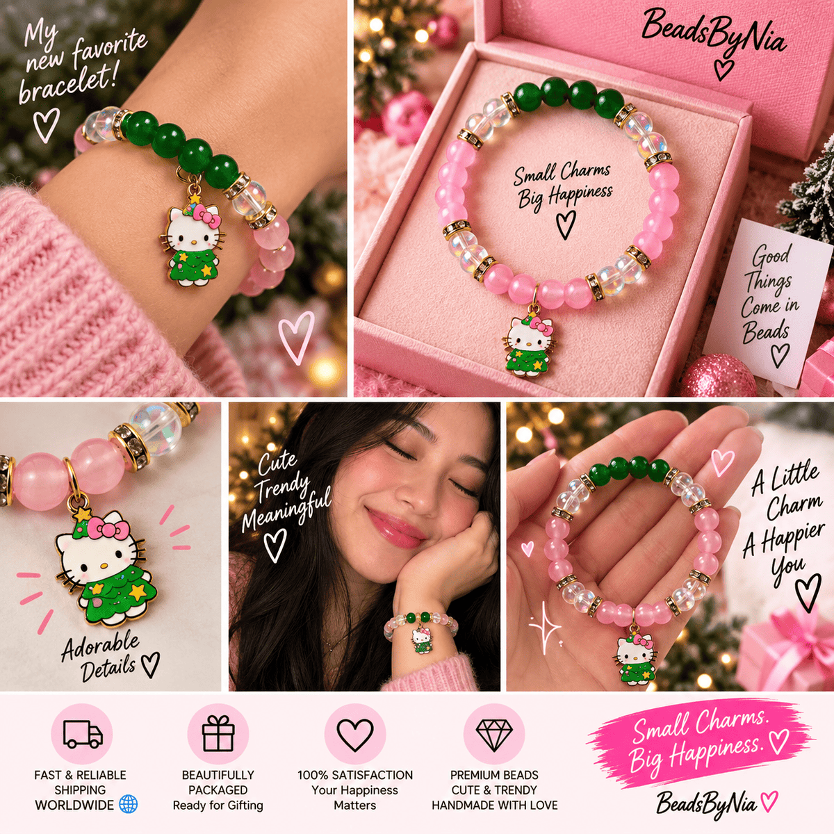 Hello Kitty Christmas bracelet in green and pink worn and gift boxed - Beads by Nia
