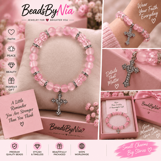 Pink cross bracelet with a crystal cross charm and faith wording - Beads by Nia