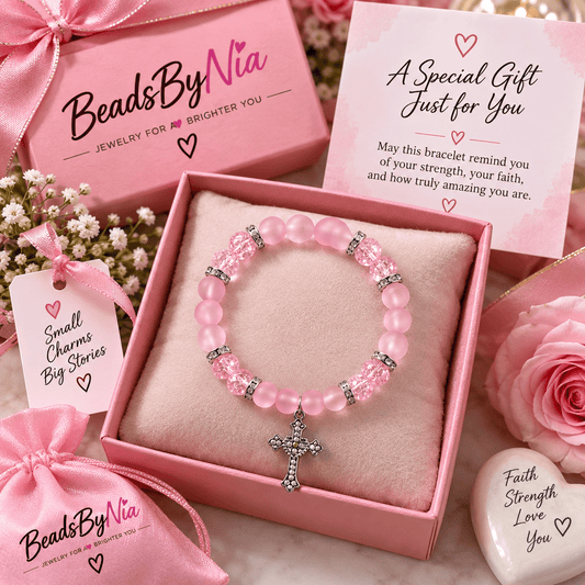 Pink cross bracelet in a gift box with a rose, faith gift for her - Beads by Nia