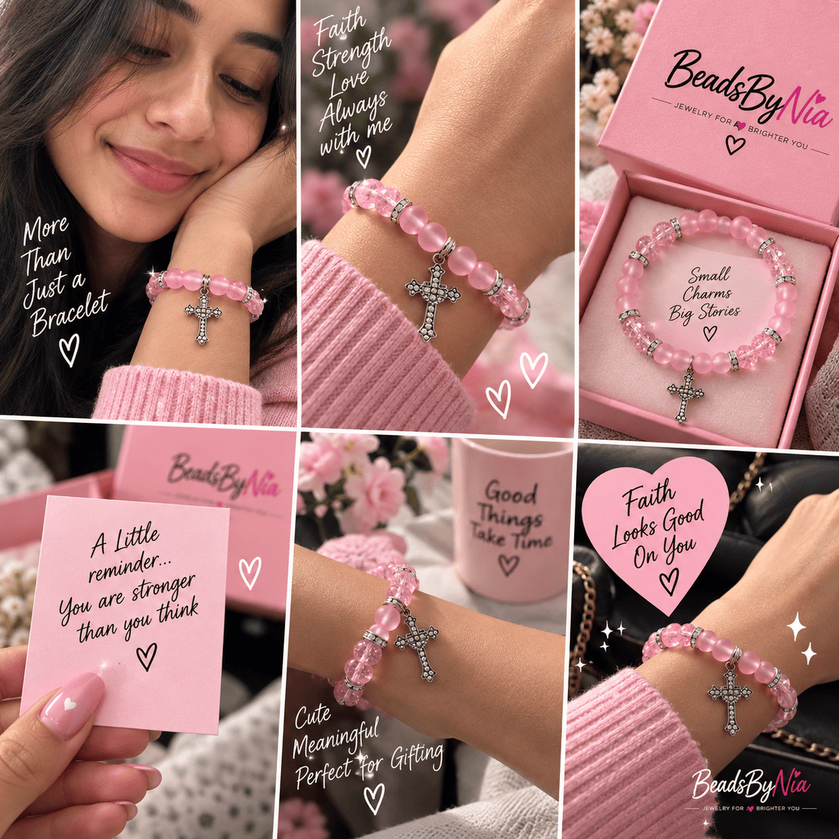 Model wearing the pink cross bracelet with a silver cross charm - Beads by Nia