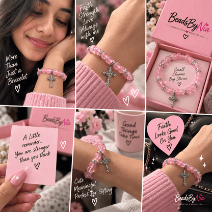 Model wearing the pink cross bracelet with a silver cross charm - Beads by Nia