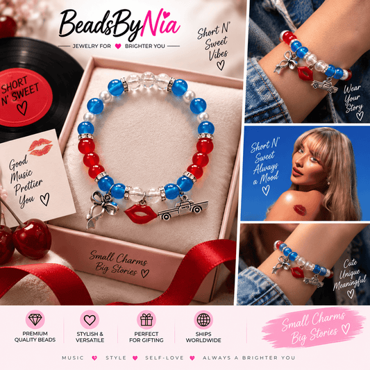 Short n Sweet bracelet in blue and red beads with lips and car charms - Beads by Nia