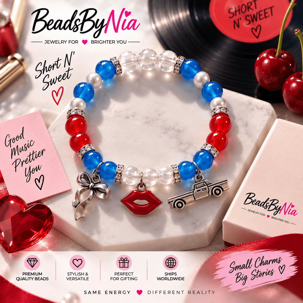 Short n Sweet beaded bracelet on a vinyl record with cherries - Beads by Nia