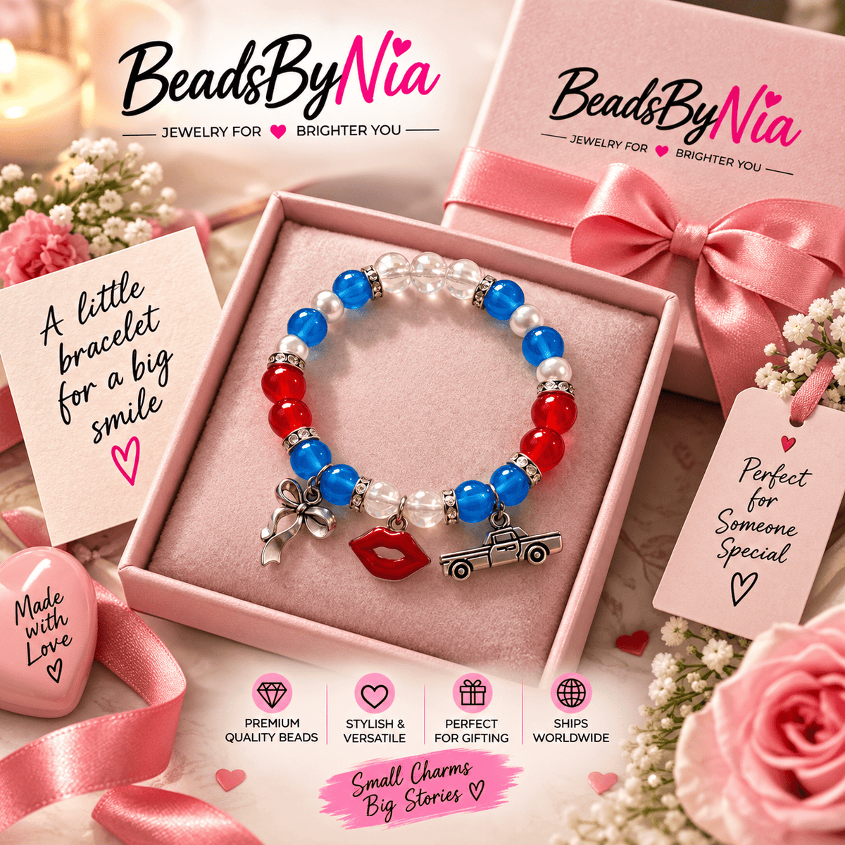 Short n Sweet bracelet in a pink gift box with a rose - Beads by Nia