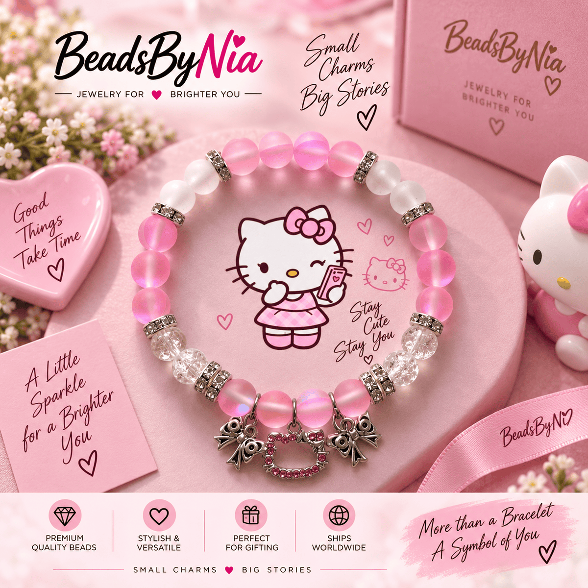 Pink Hello Kitty Valentines bracelet with kitty charm and Sanrio plush - Beads by Nia