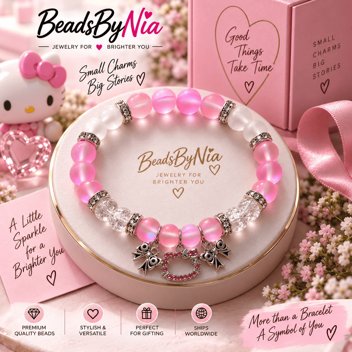 Pink Hello Kitty Valentines bracelet on a round display tin - Beads by Nia