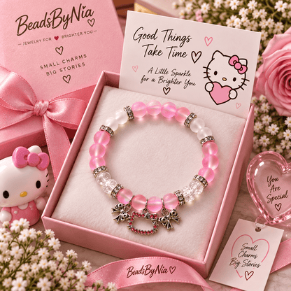 Pink Hello Kitty Valentines bracelet in a white gift box with ribbon - Beads by Nia