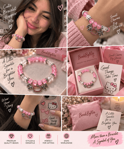 Model wearing the pink Hello Kitty Valentines bracelet in a styled collage