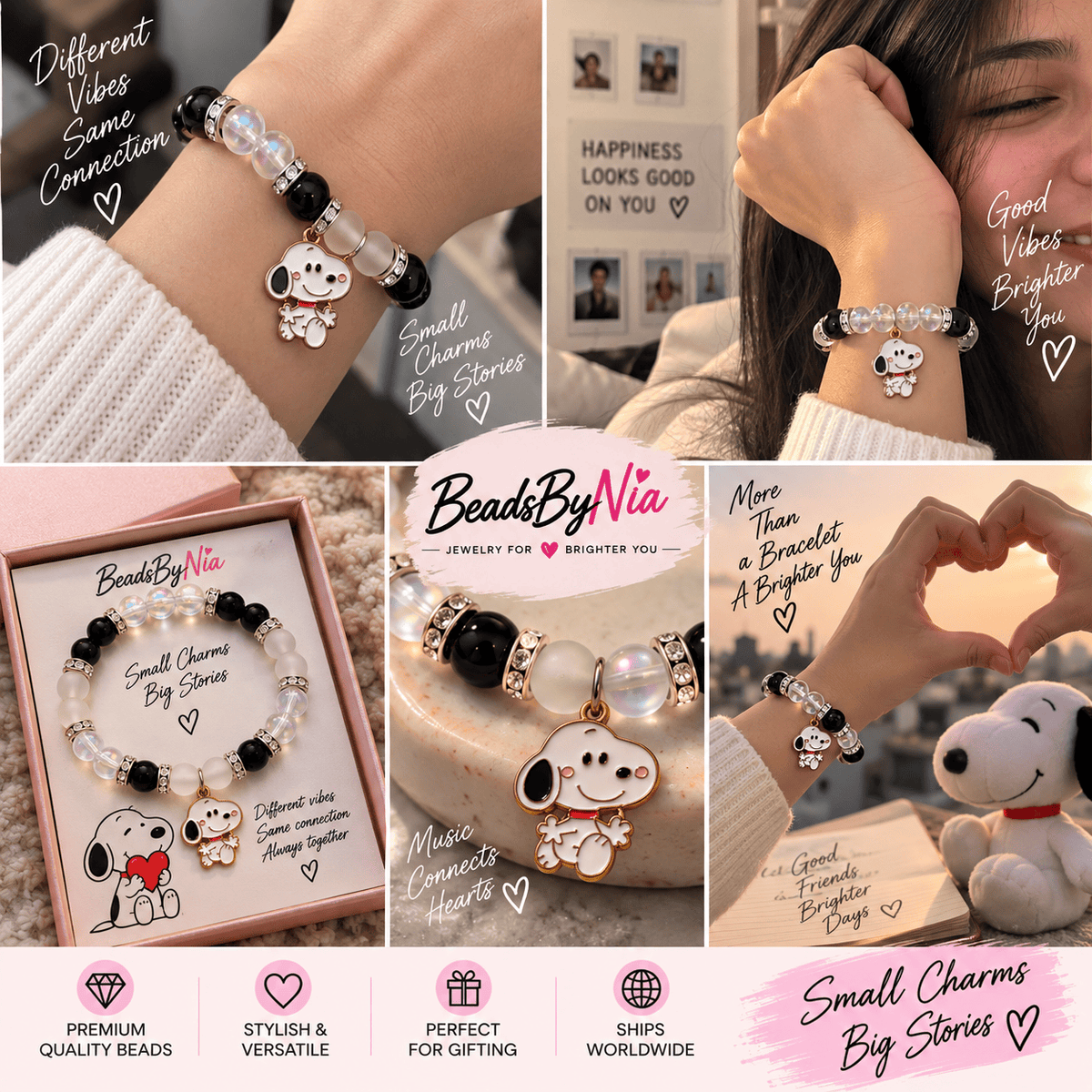 Snoopy bracelet worn on the wrist in a Peanuts themed photo collage - Beads by Nia