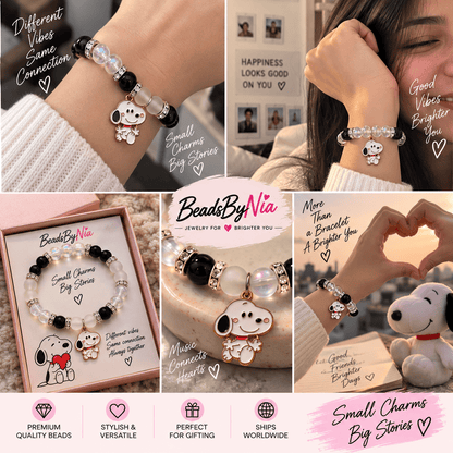 Snoopy bracelet worn on the wrist in a Peanuts themed photo collage - Beads by Nia
