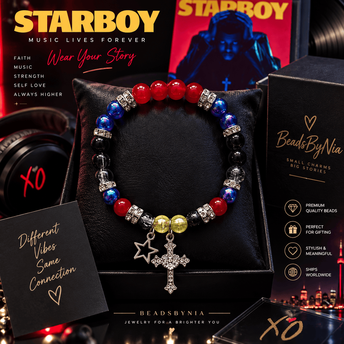 The Weeknd Starboy bracelet in red and blue beads with cross and star charms