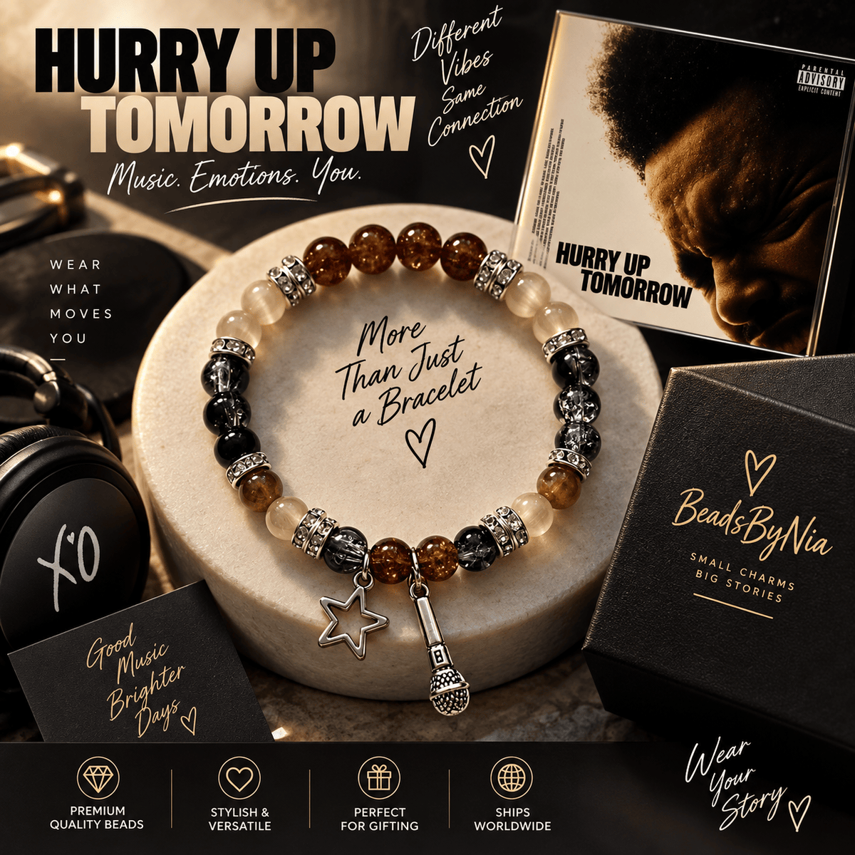 The Weeknd Hurry Up Tomorrow bracelet in brown and grey with a star charm - Beads by Nia