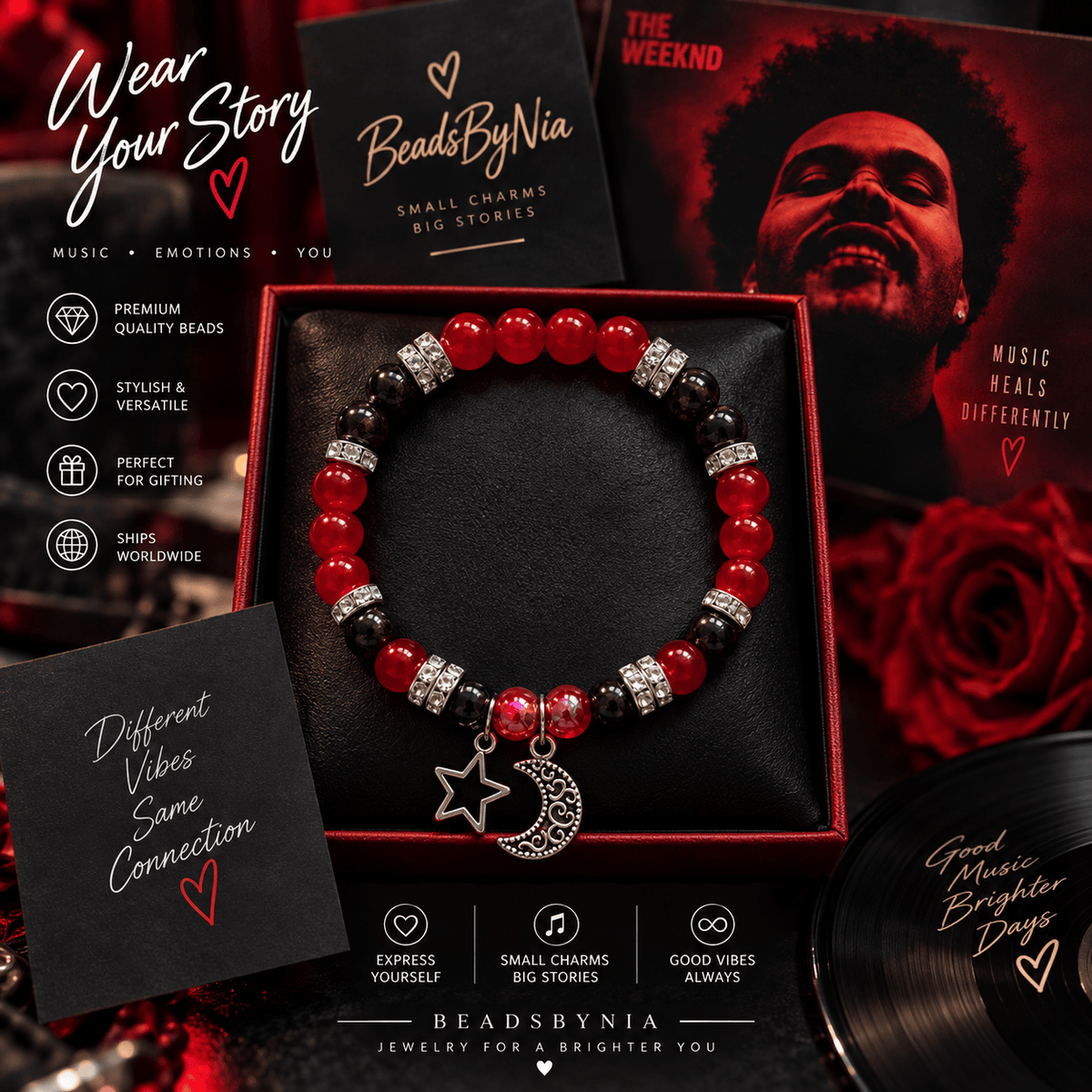 The Weeknd After Hours bracelet in red and black with moon and star charms - Beads by Nia