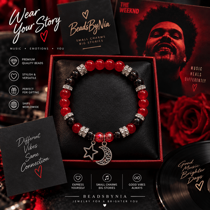 The Weeknd After Hours bracelet in red and black with moon and star charms - Beads by Nia