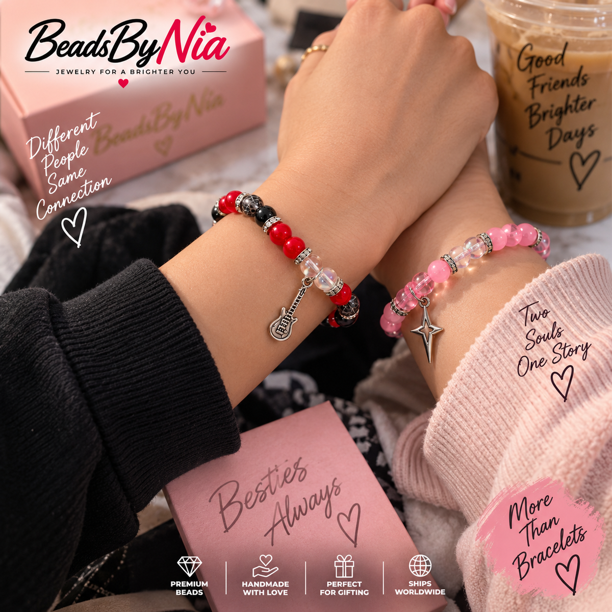 Wrists wearing Marceline and Bubblegum bracelets with a pink gift box - Beads by Nia