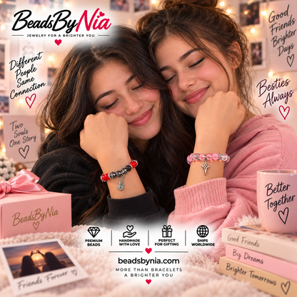 Two friends wearing Marceline and Bubblegum matching bracelets - Beads by Nia