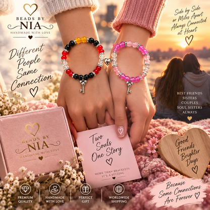 Wrists wearing Mickey and Minnie bracelets at sunset with gift boxes - Beads by Nia