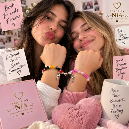 Two friends wearing Mickey and Minnie matching bracelets with note cards - Beads by Nia