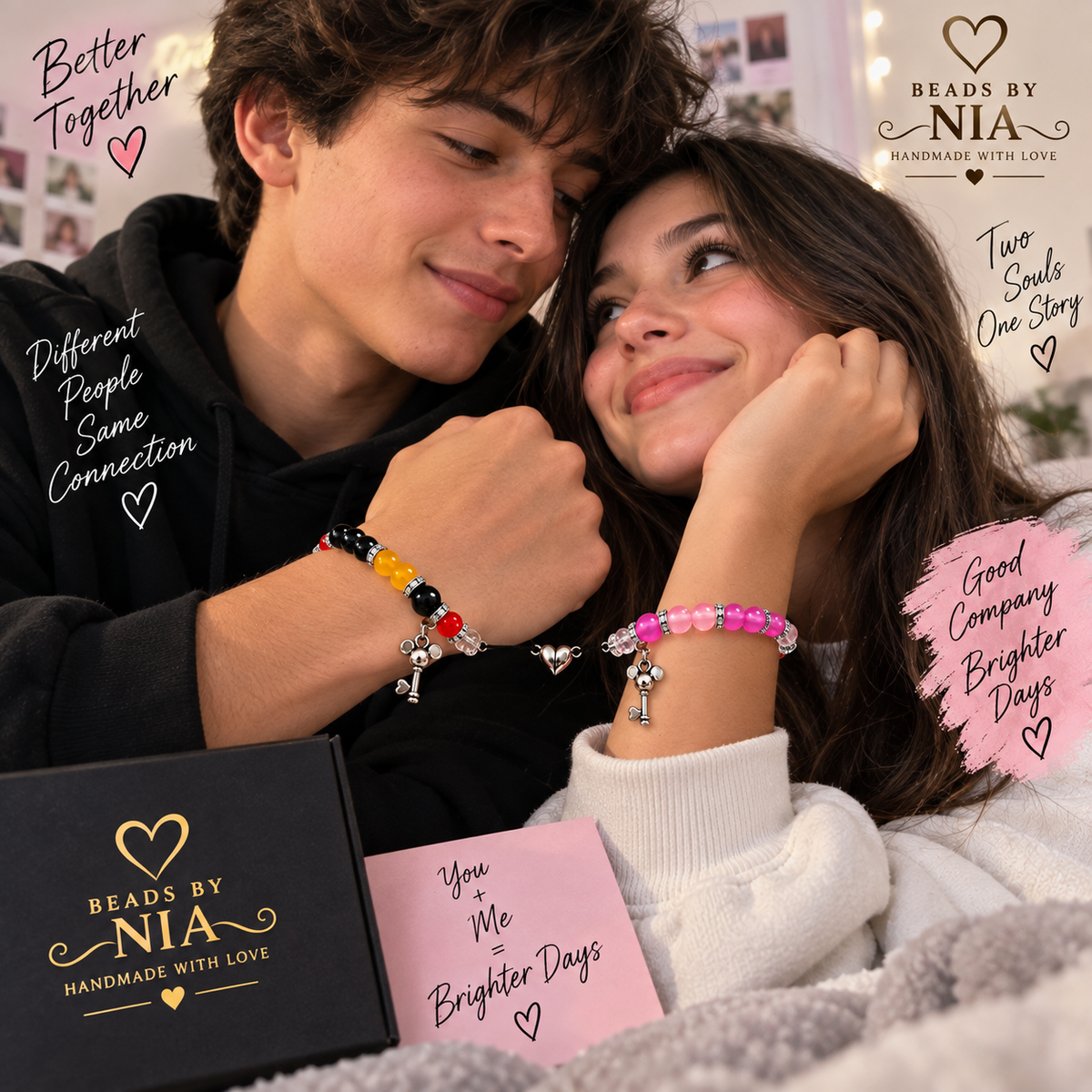 Couple wearing Mickey and Minnie matching bracelets with pink gift packaging - Beads by Nia