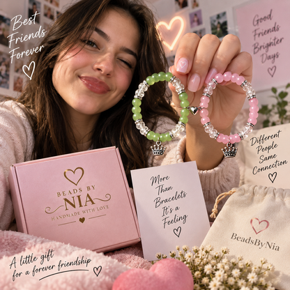 Friend holding the Tiana and Lottie bracelet set with pink Beads by Nia packaging