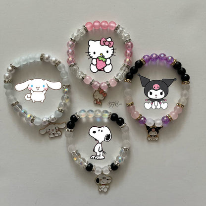 Cinnamoroll, Hello Kitty, Kuromi and Snoopy beaded bracelets with silver charms