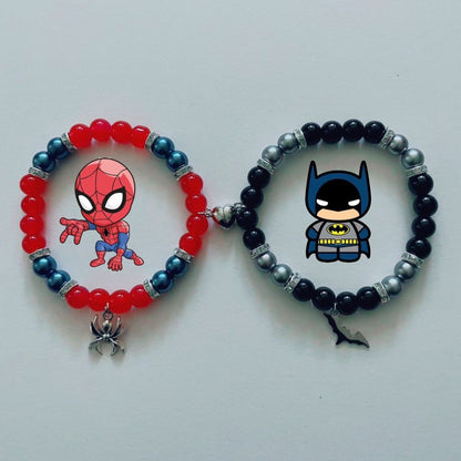 Batman and Spiderman matching bracelets with cartoon charms for couples - Beads by Nia