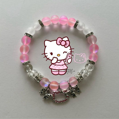 Pink Hello Kitty Valentines bracelet with a heart kitty charm, love gift - Beads by Nia