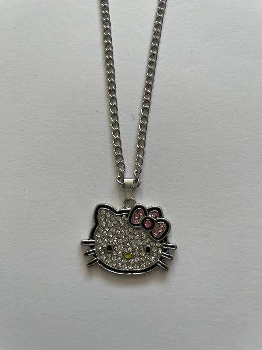 Silver Hello Kitty crystal pendant necklace on a curb chain - Beads by Nia