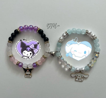 Purple Kuromi and blue Cinnamoroll bracelets with character art and charms - Beads by Nia