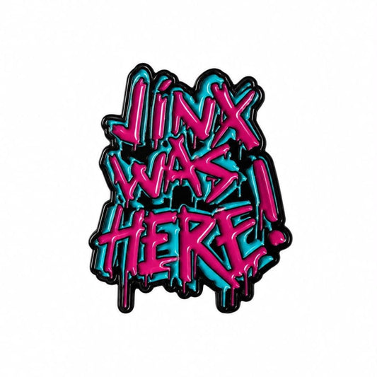 Jinx Was Here enamel pin in pink and blue graffiti lettering, Arcane fan pin - Beads by Nia