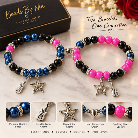 Matching TV Girl bracelets in blue and pink with star and guitar charms - Beads by Nia