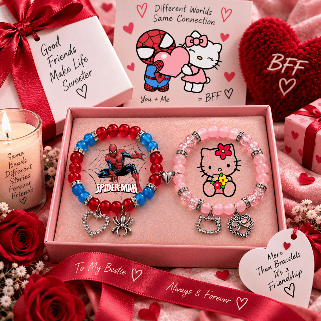 Hello Kitty and Spiderman Valentines bracelets in a pink box with roses - Beads by Nia