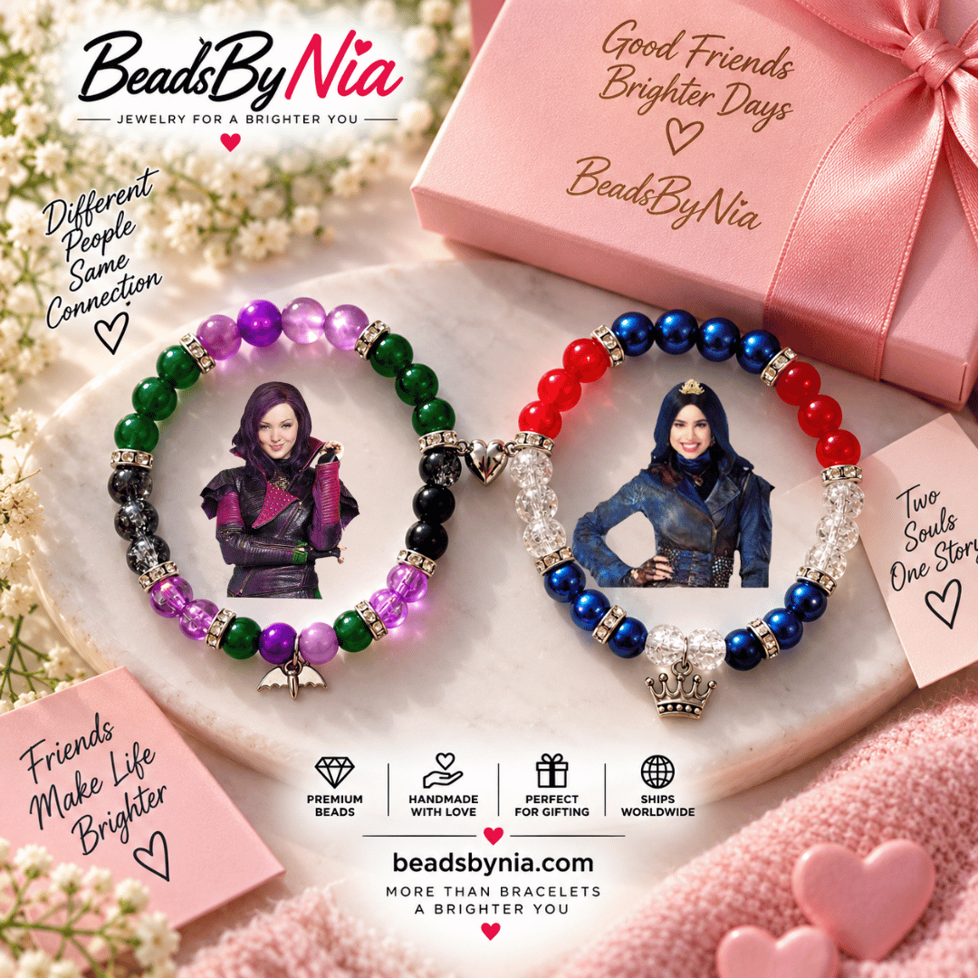 Mal and Evie matching bracelets in purple and blue with character art - Beads by Nia