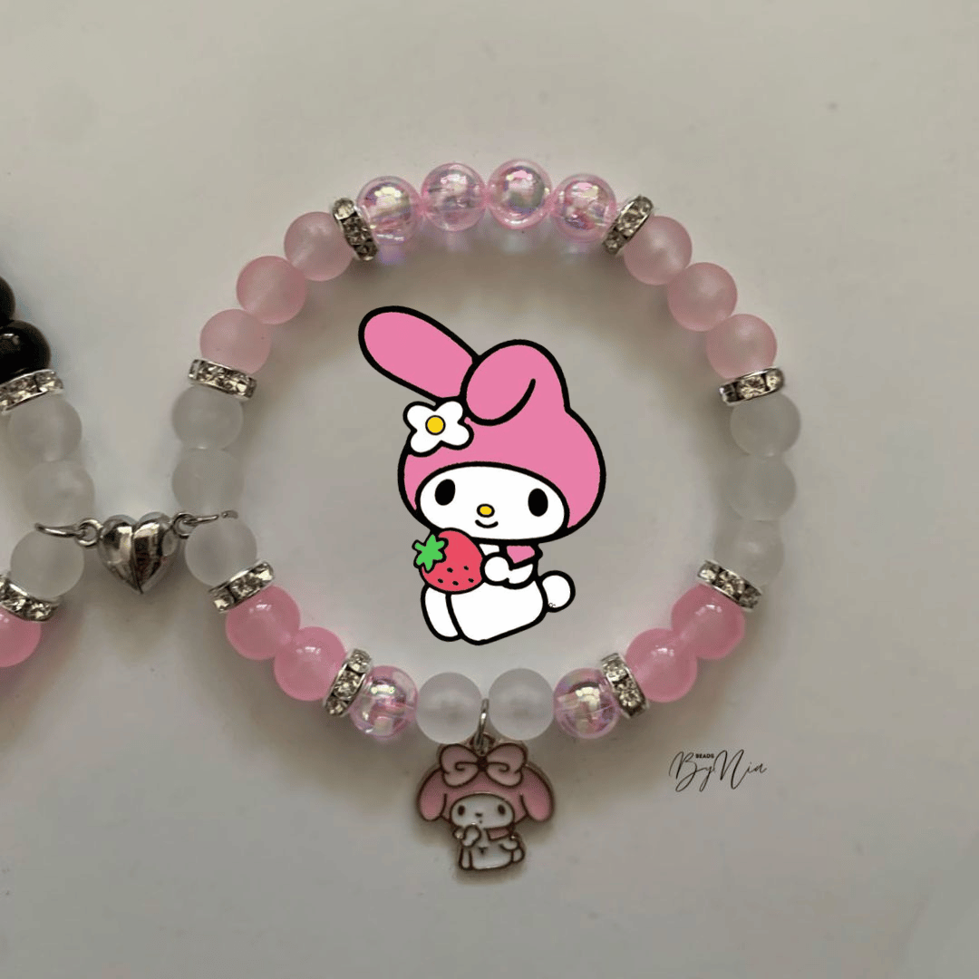 My Melody bracelet in pink and clear beads with a silver charm, half of a pair - Beads by Nia