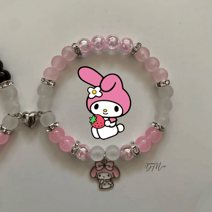 My Melody bracelet in pink and clear beads with a silver charm, half of a pair - Beads by Nia