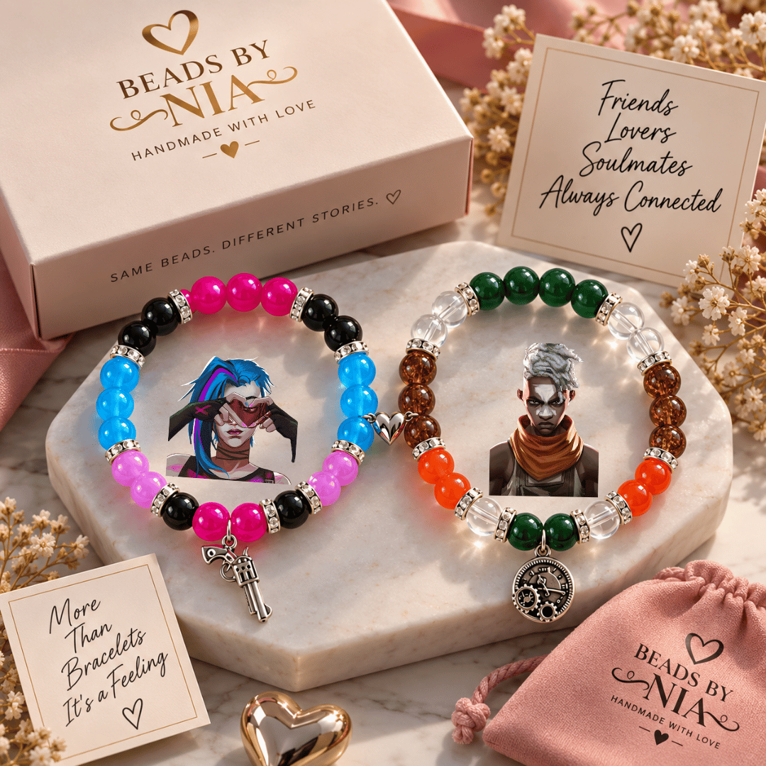 Jinx and Ekko Arcane bracelets with a velvet pouch and soulmates card - Beads by Nia