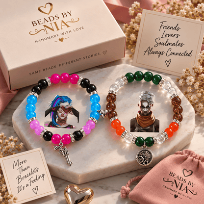 Jinx and Ekko Arcane bracelets with a velvet pouch and soulmates card - Beads by Nia